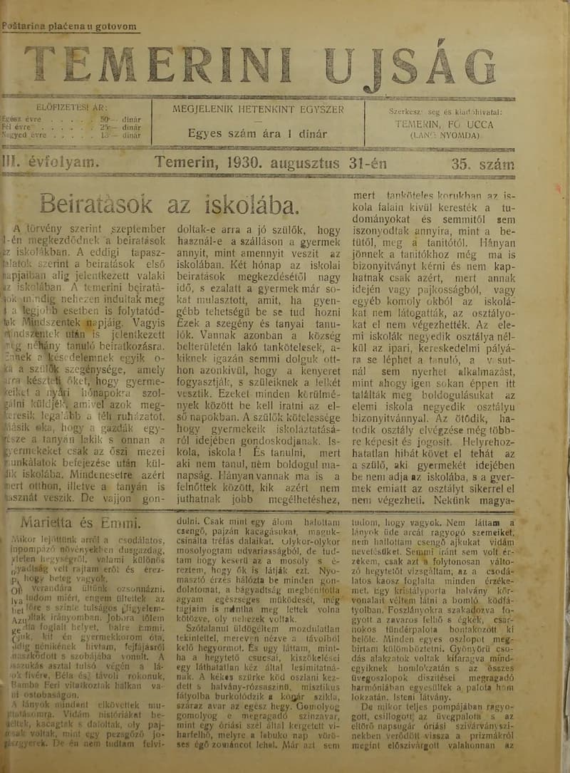 Temerini Újság 1928-1944, 3. évf. 1930. augusztus 31. 35. sz.