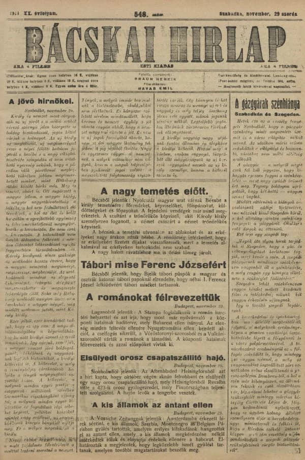 Bácskai Hirlap, 20. évf. 1916. november 29. 548. sz.
