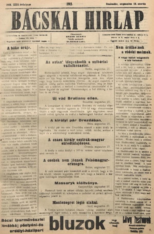 Bácskai Hirlap, 22. évf. 1918. augusztus 28. 192. sz.