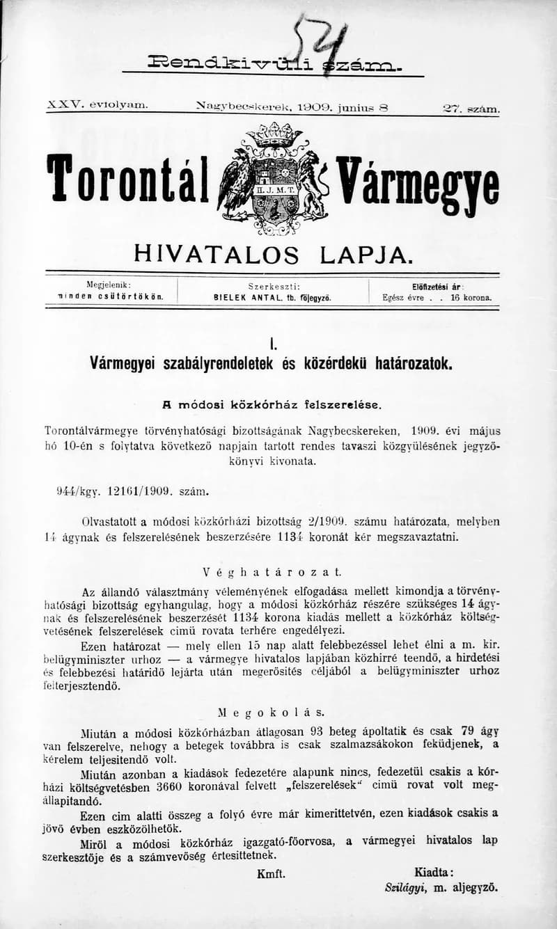 Torontál Vármegye Hivatalos Lapja, 25. évf. 1909. június 8. 27. sz.