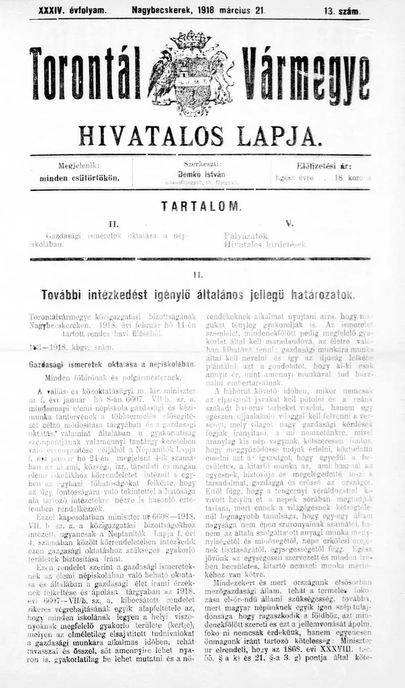 Torontál Vármegye Hivatalos Lapja, 34. évf. 1918. március 21. 13. sz.