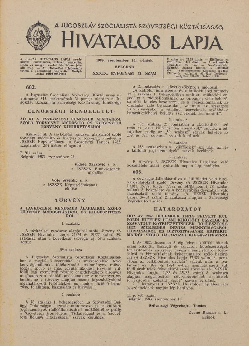 A Jugoszláv Szocialista Szövetségi Köztársaság Hivatalos Lapja, 39. évf. 1983. szeptember 30. 52. sz. 1449–1476. oldal