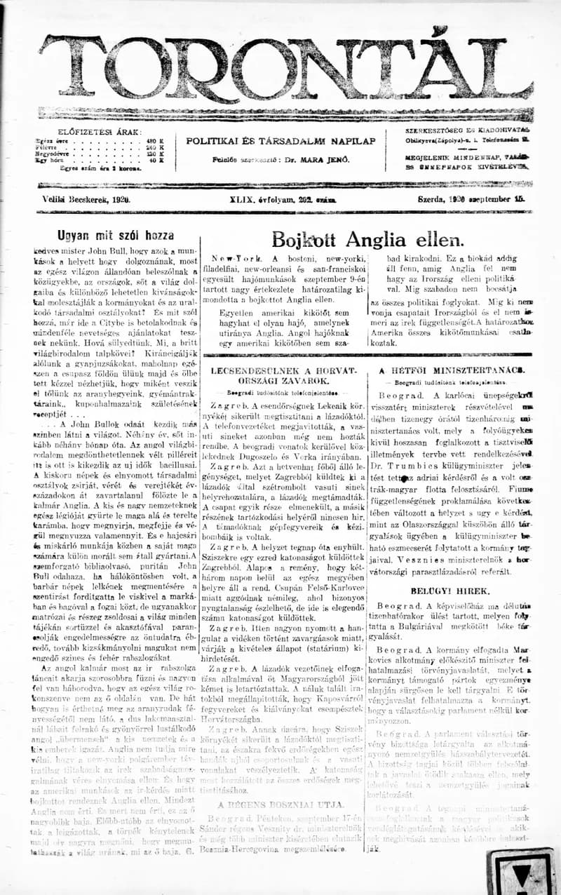 Torontál, 49. évf. 1920. szeptember 15. 202. sz.