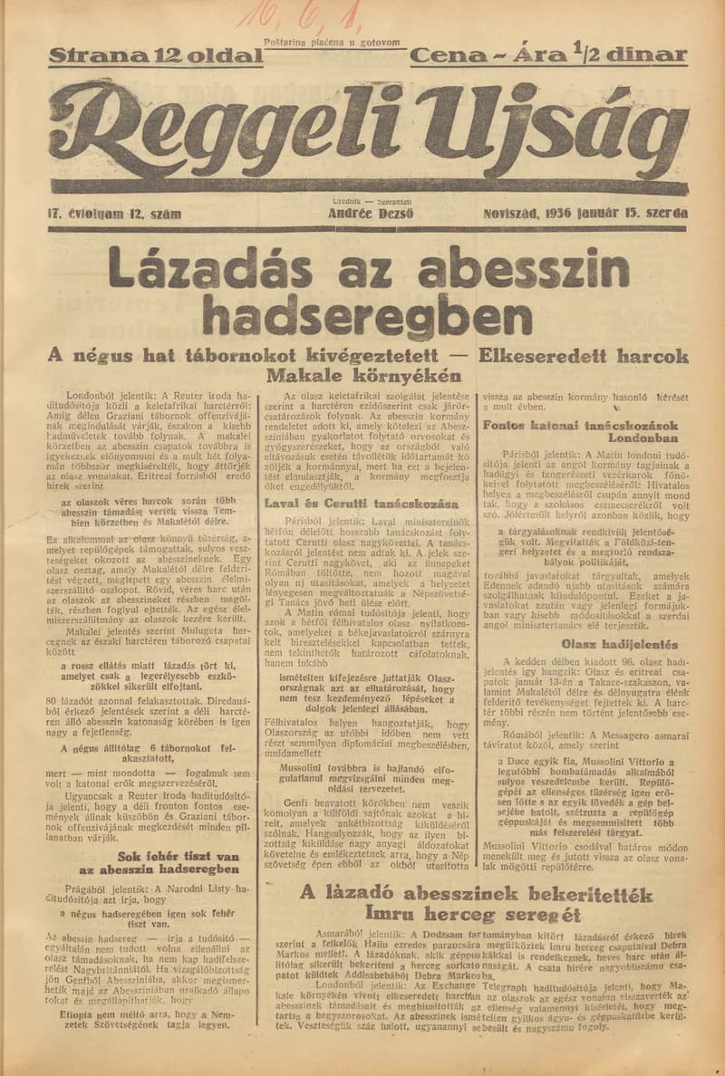 Reggeli Újság, 17. évf. 1936. január 15. 12. sz.