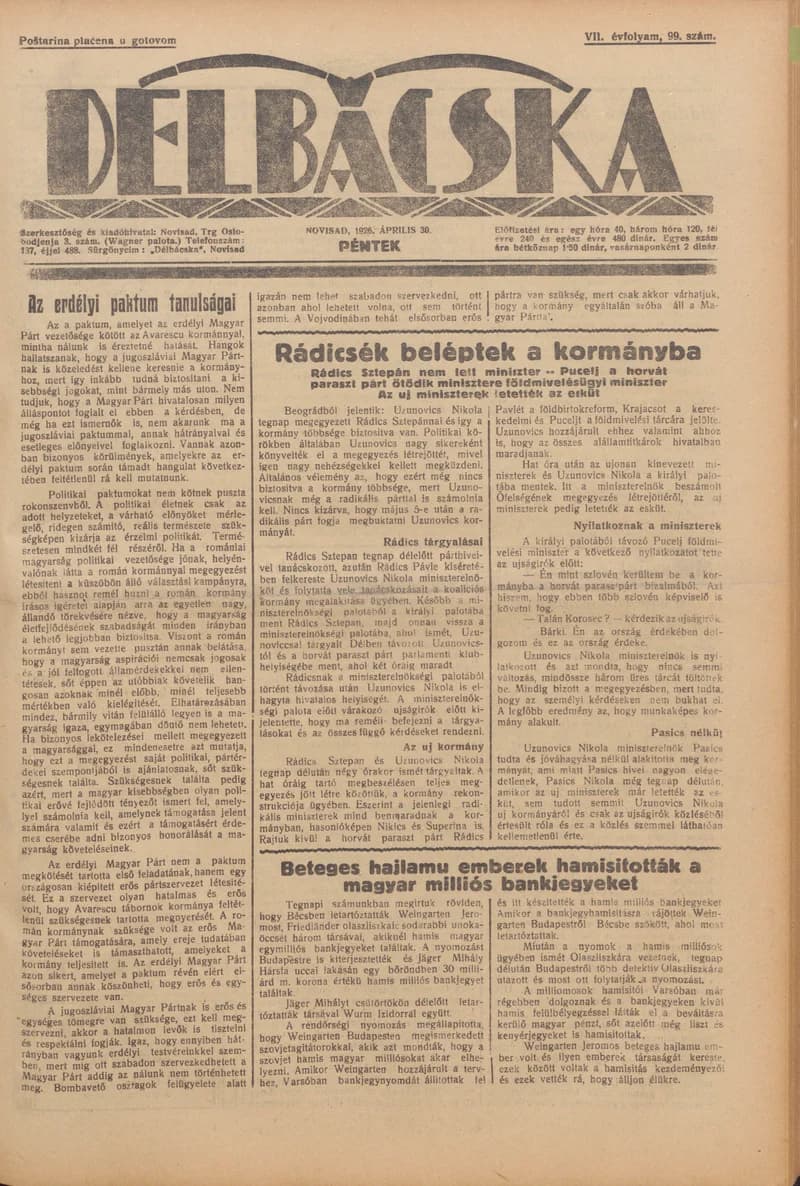 Délbácska, 7. évf. 1926. április 30. 99. sz.