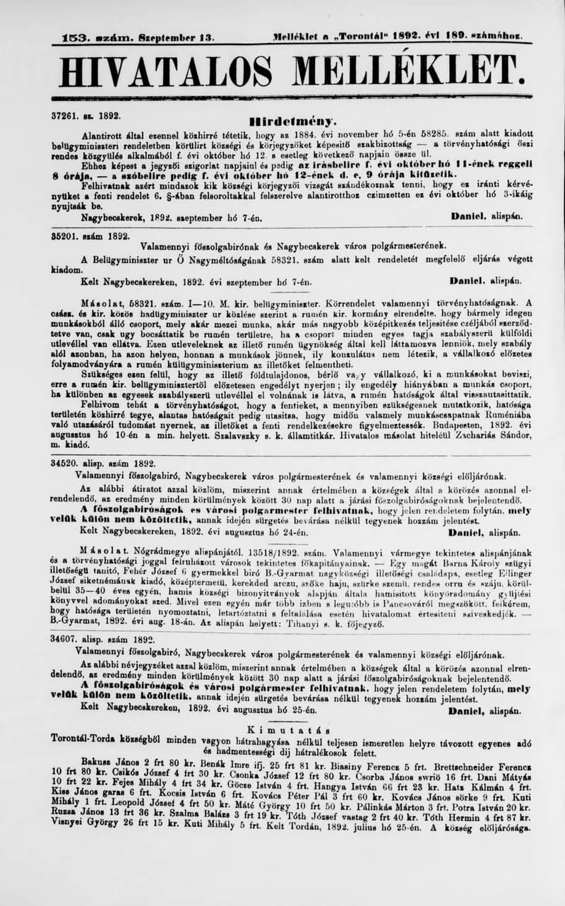 A Totontál  hivatalos melléklete, 5. évf. 1892. szeptember 13. 153. sz.