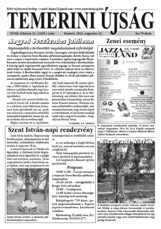Temerini Újság, 28. évf. 2022. augusztus 18. 32. sz.