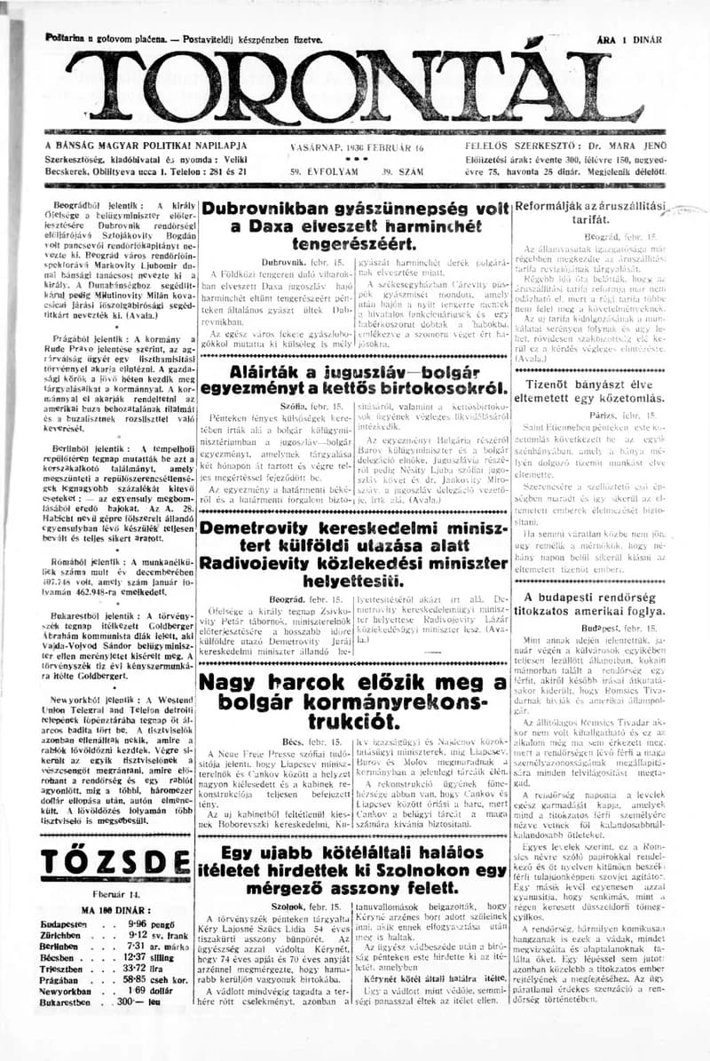 Torontál, 59. évf. 1930. február 16. 39. sz.