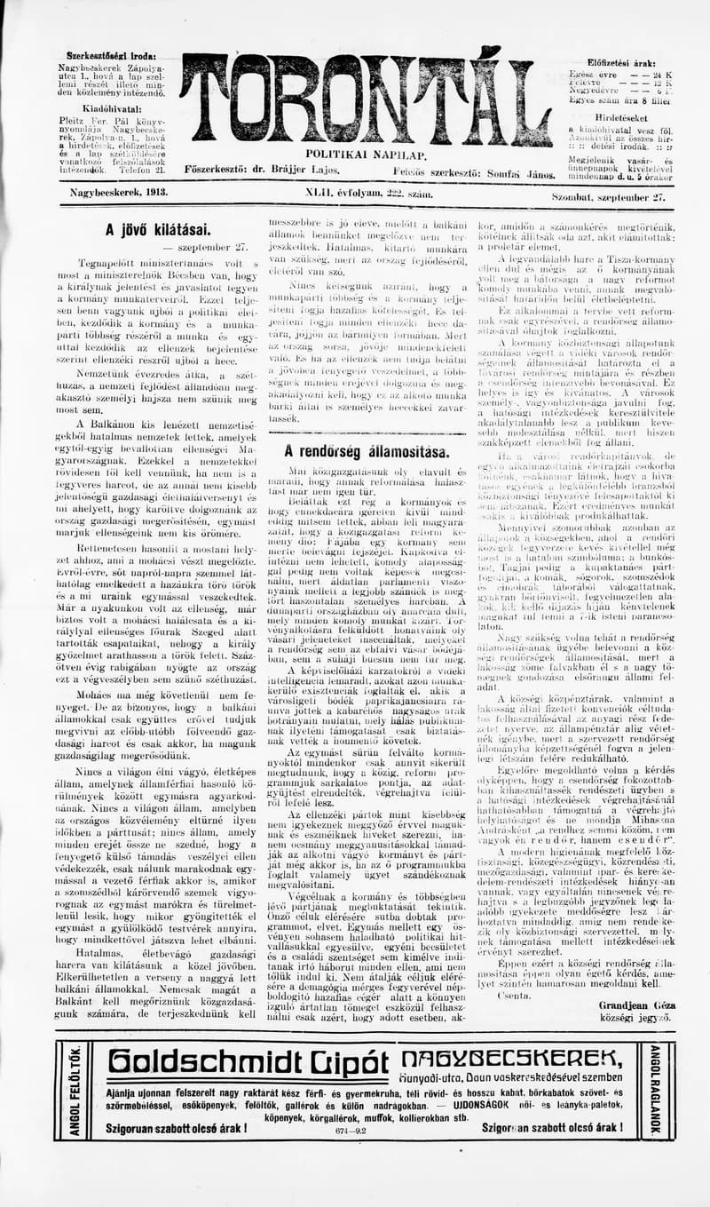 Torontál, 42. évf. 1913. szeptember 27. 222. sz.