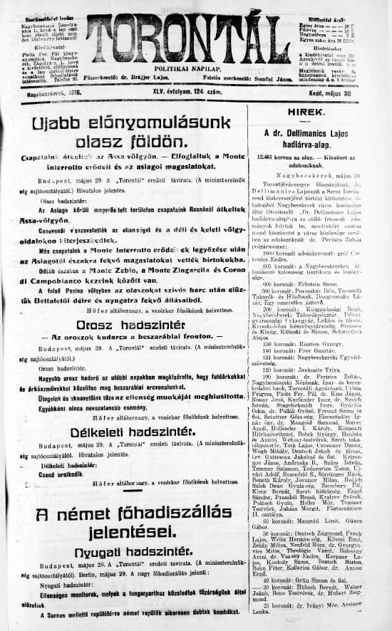 Torontál, 45. évf. 1916. május 30. 124. sz.