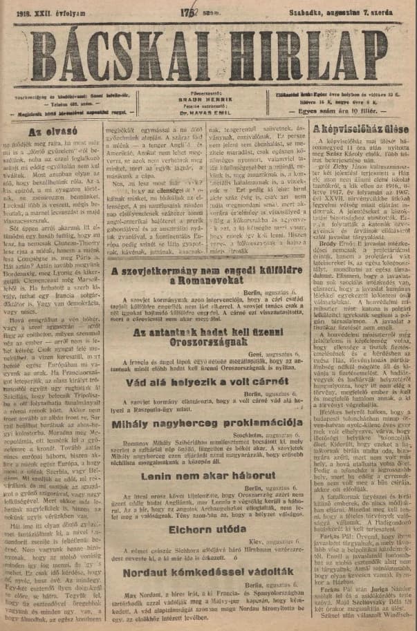 Bácskai Hirlap, 22. évf. 1918. augusztus 7. 176. sz.