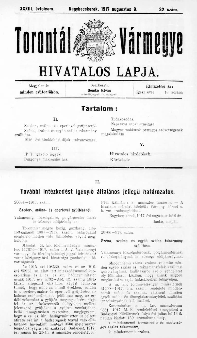 Torontál Vármegye Hivatalos Lapja, 33. évf. 1917. augusztus 9. 32. sz.