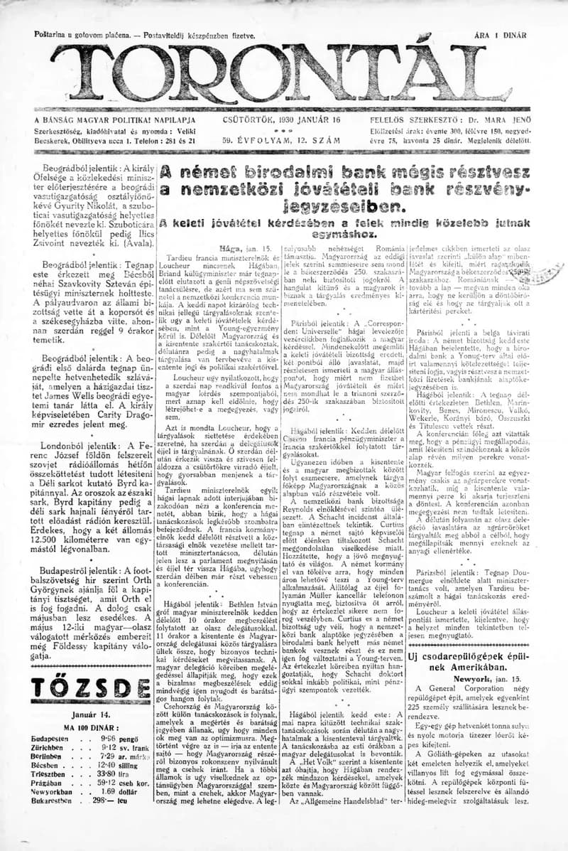 Torontál, 59. évf. 1930. január 16. 12. sz.
