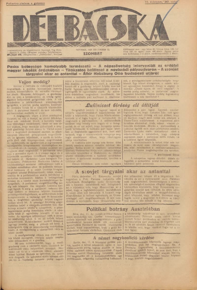 Délbácska, 6. évf. 1925. december 12. 287. sz.