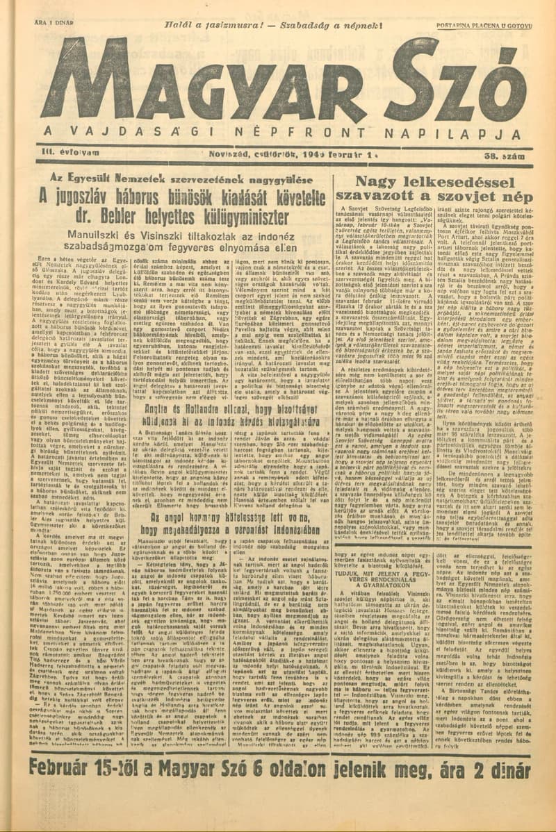 Magyar Szó, 3. évf. 1946. február 14. 38. sz. 1–6. oldal
