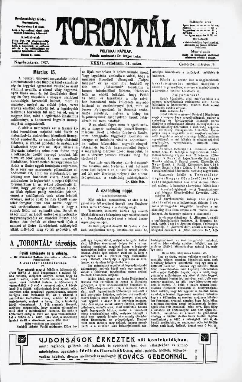 Torontál, 36. évf. 1907. március 14. 61. sz.