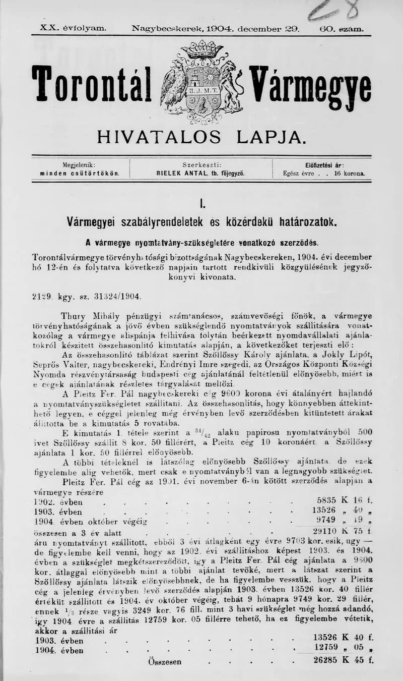 Torontál Vármegye Hivatalos Lapja, 20. évf. 1904. december 29. 60. sz.