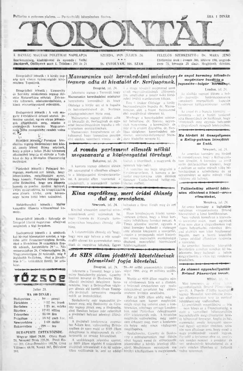 Torontál, 58. évf. 1929. július 24. 168. sz.