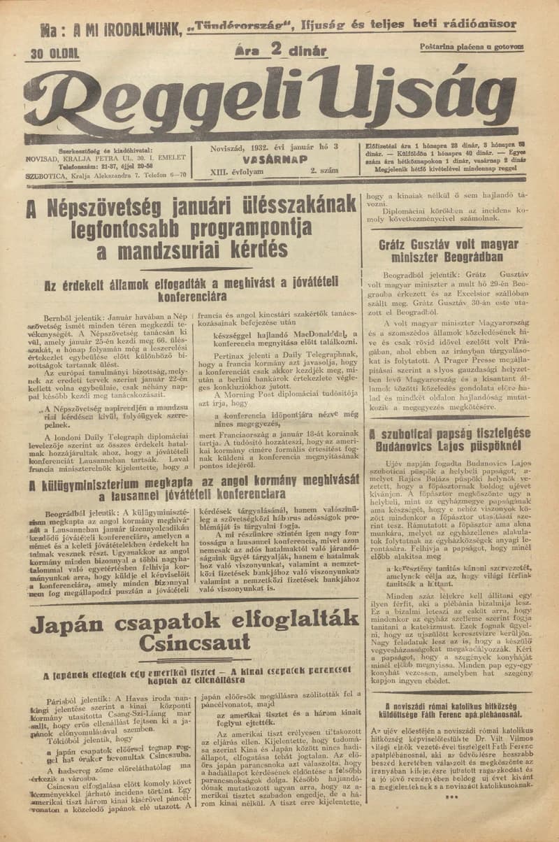 Reggeli Újság, 13. évf. 1932. január 3. 2. sz.