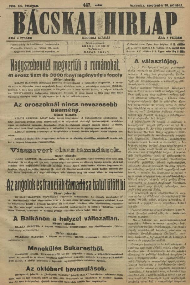 Bácskai Hirlap, 20. évf. 1916. szeptember 30. 447. sz.