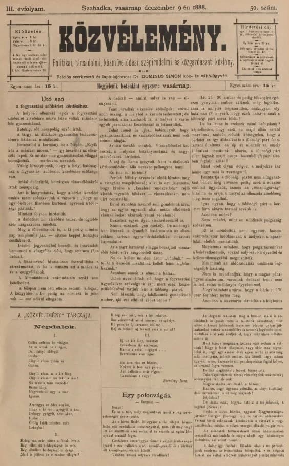 Közvélemény, 3. évf. 1888. december 9. 50. sz.