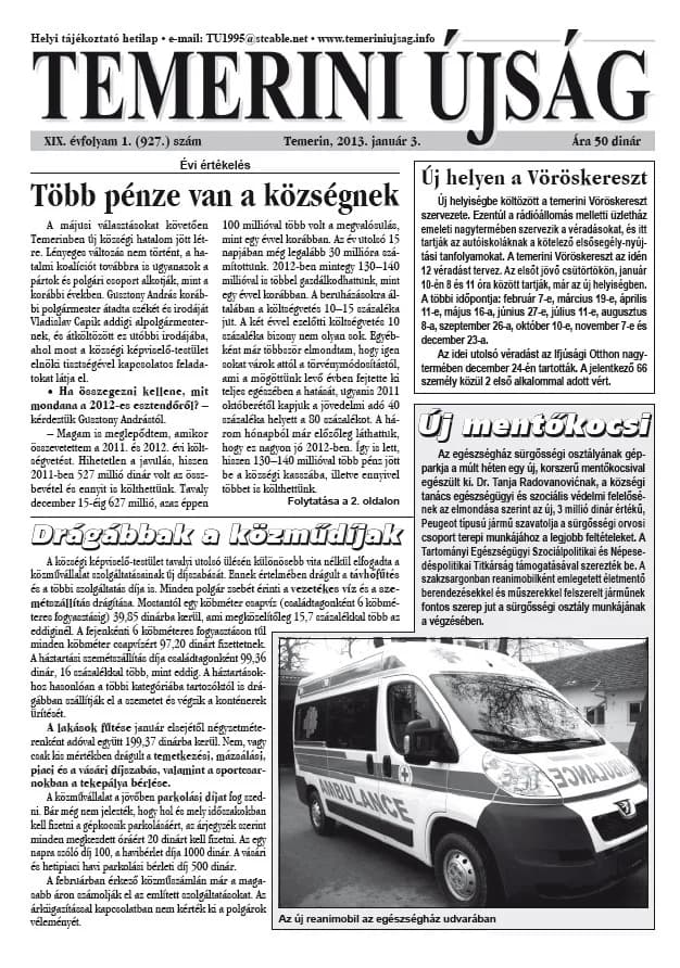 Temerini Újság, 19. évf. 2013. január 3. 1. sz.