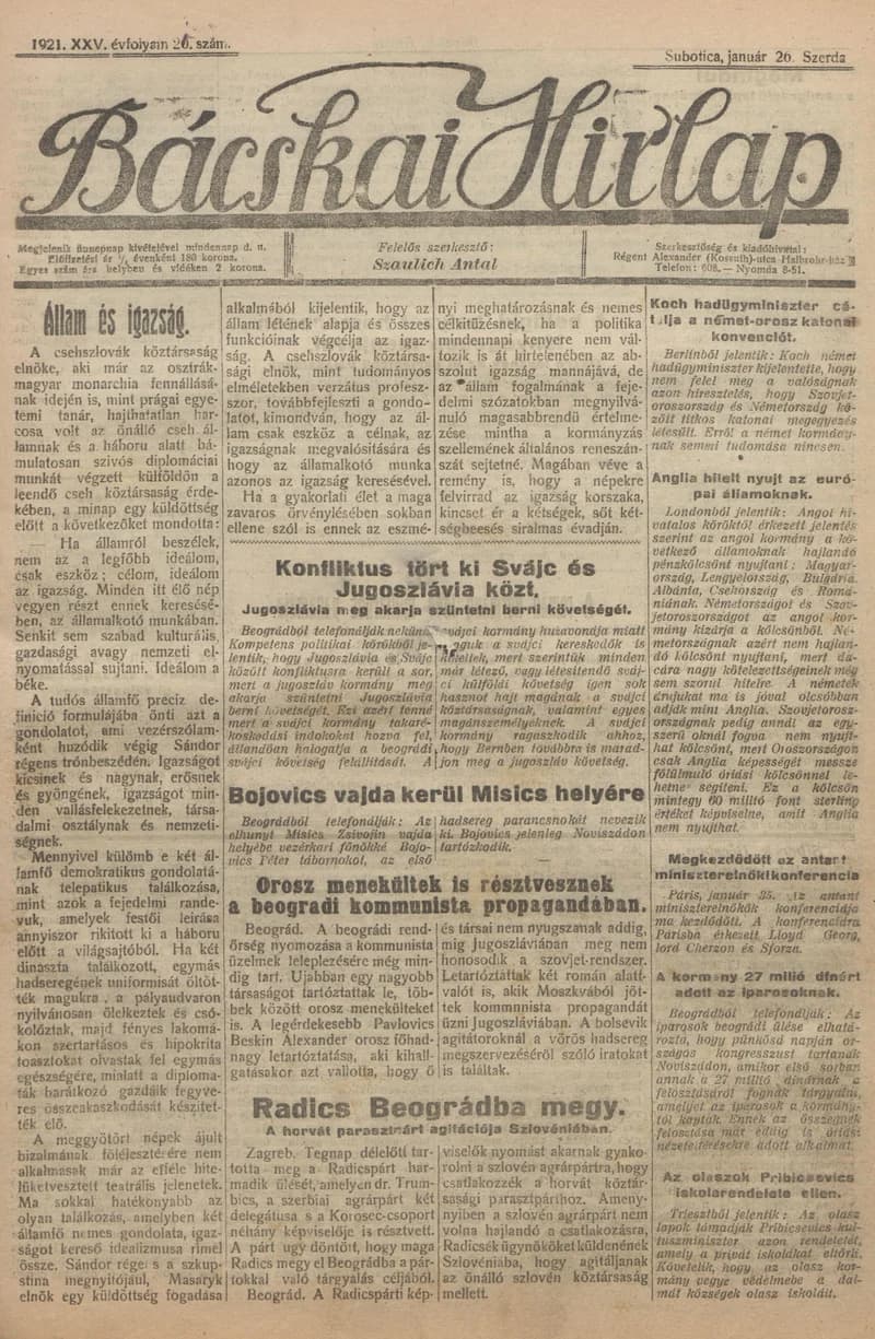 Bácskai Hirlap, 25. évf. 1921. január 26. 21. sz.
