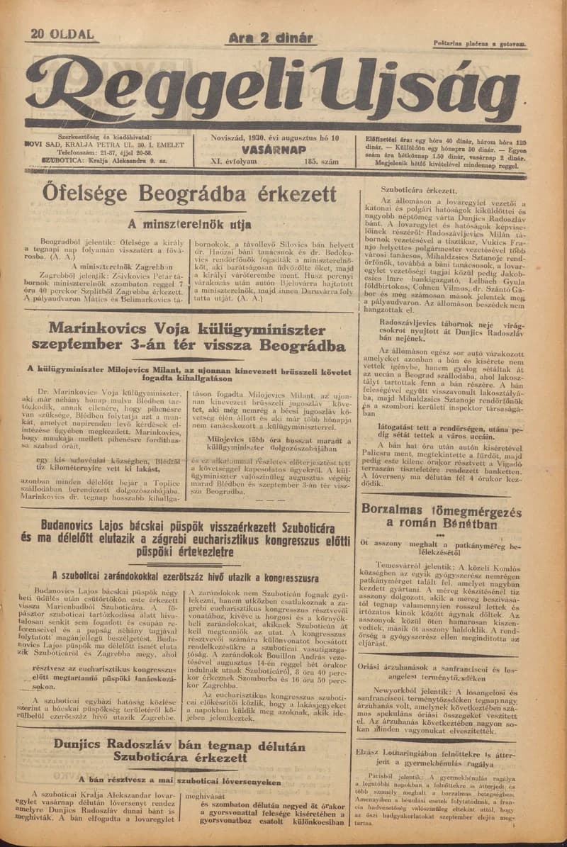 Reggeli Újság, 11. évf. 1930. augusztus 10. 185. sz.