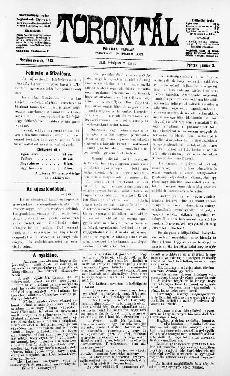 Torontál, 42. évf. 1913. január 3. 2. sz.