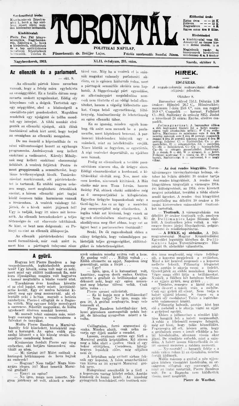 Torontál, 42. évf. 1913. október 8. 231. sz.