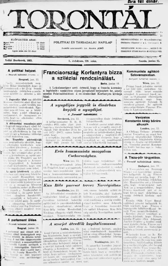 Torontál, 50. évf. 1921. június 15. 128. sz.