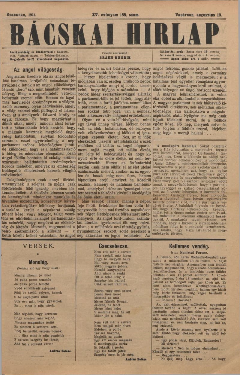Bácskai Hirlap, 15. évf. 1911. augusztus 13. 185. sz.