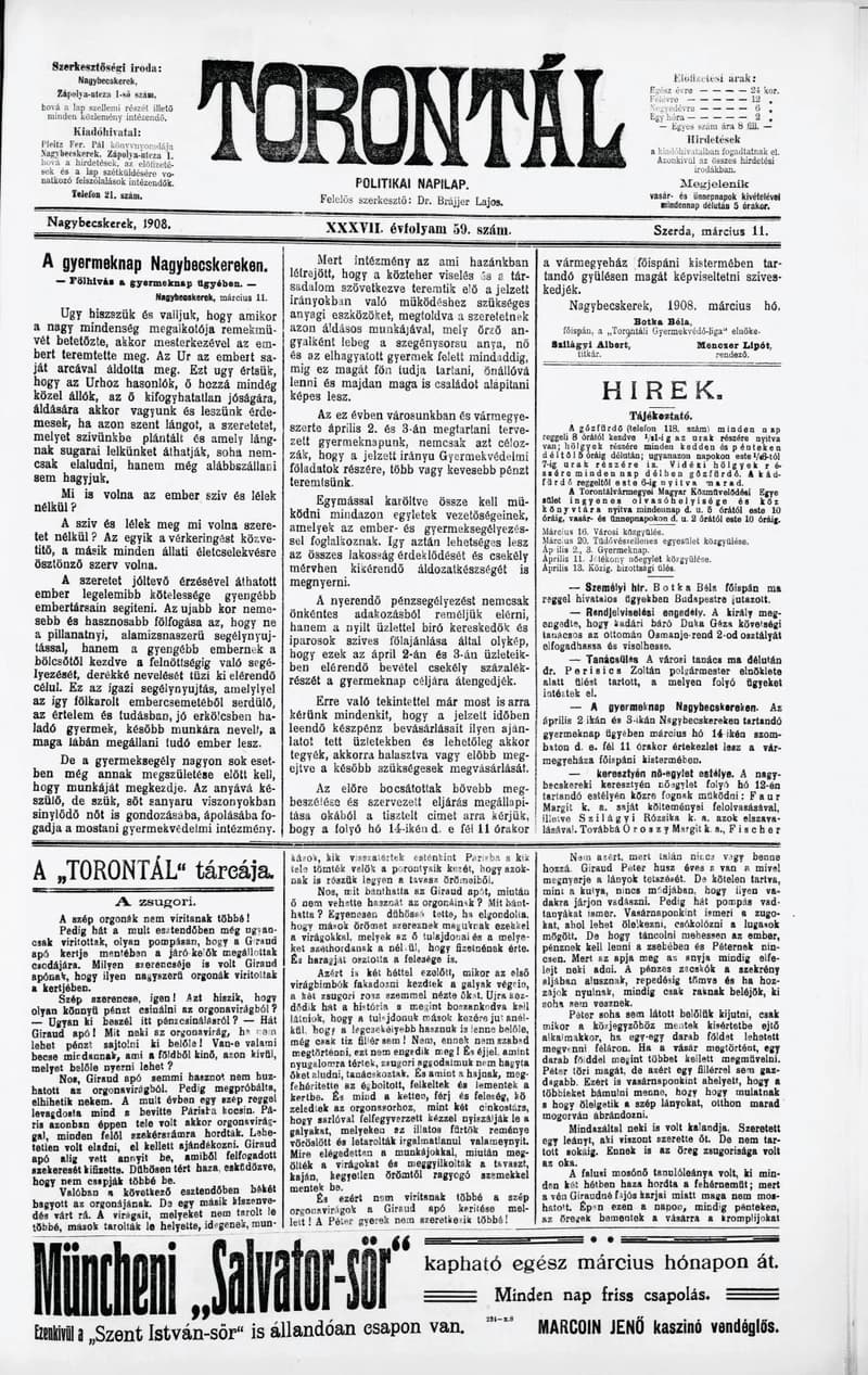 Torontál, 37. évf. 1908. március 11. 59. sz.