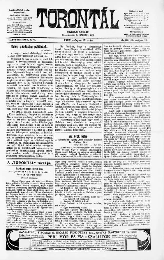 Torontál, 39. évf. 1910. május 19. 112. sz.