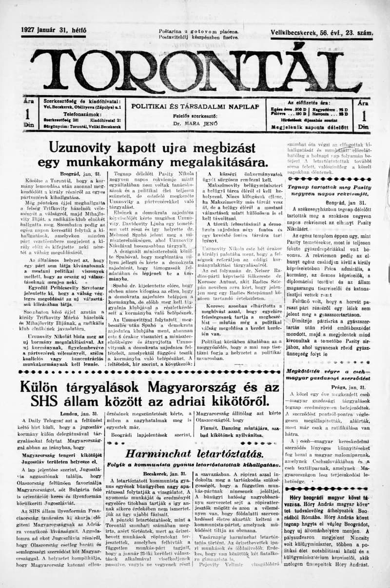 Torontál, 56. évf. 1927. január 31. 23. sz.