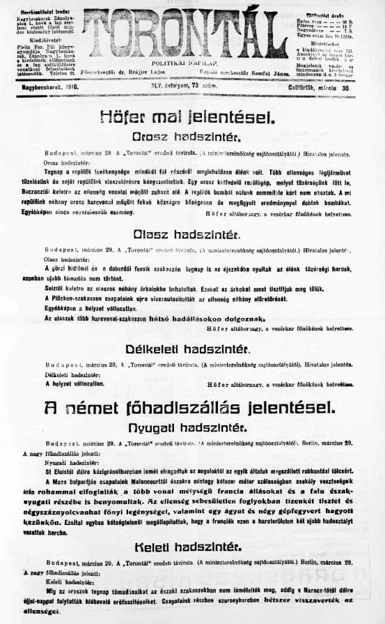 Torontál, 45. évf. 1916. március 30. 73. sz.