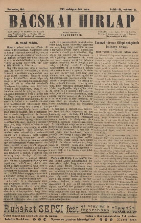 Bácskai Hirlap, 16. évf. 1912. október 31. 249. sz.