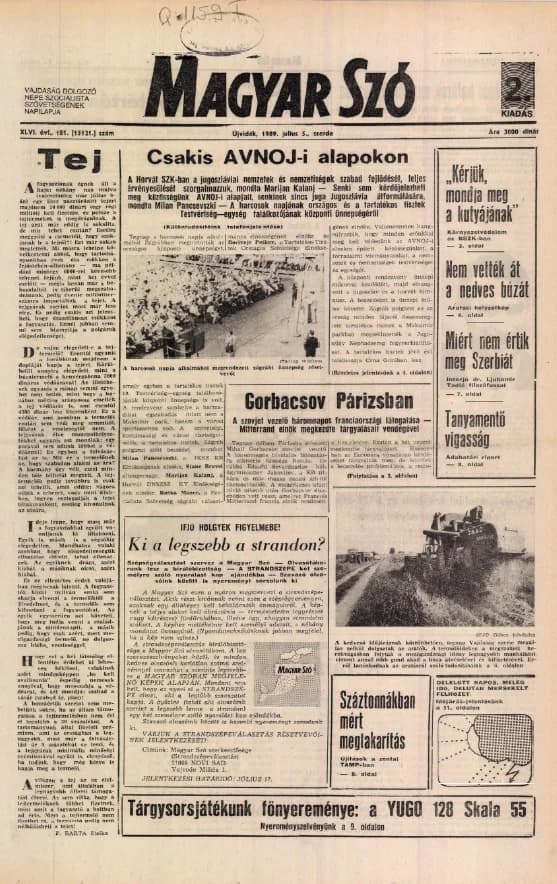 Magyar Szó, 46. évf. 1989. július 5. 181. sz. 1–16. oldal