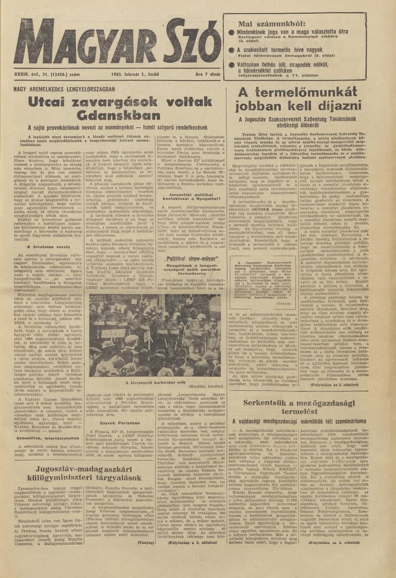 Magyar Szó, 39. évf. 1982. február 2. 31. sz. 1–20. oldal