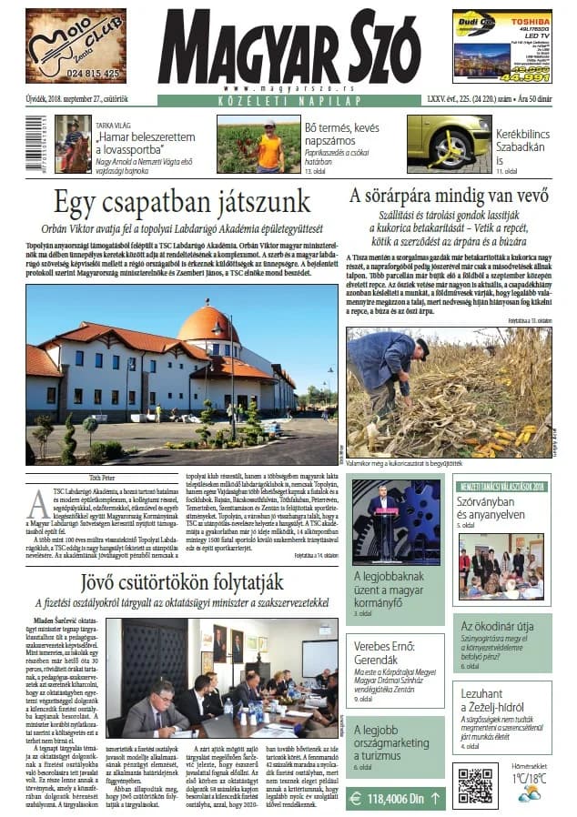 Magyar Szó, 75. évf. 2018. szeptember 27. 225. sz. 1–20. oldal