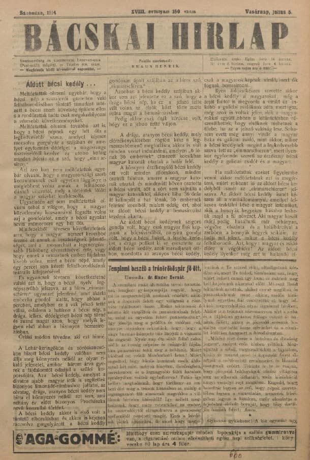 Bácskai Hirlap, 18. évf. 1914. július 5. 150. sz.