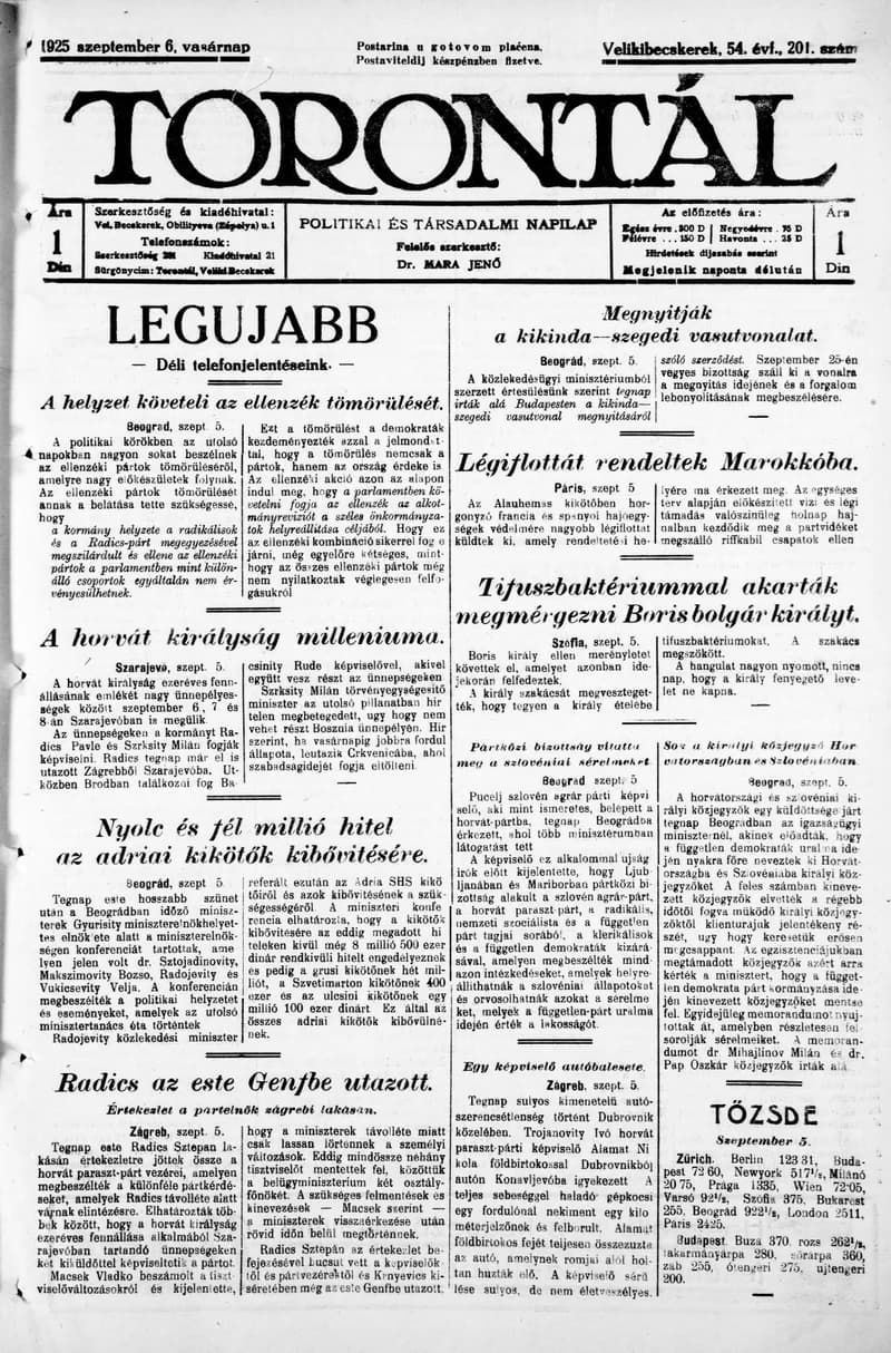 Torontál, 54. évf. 1925. szeptember 6. 201. sz.
