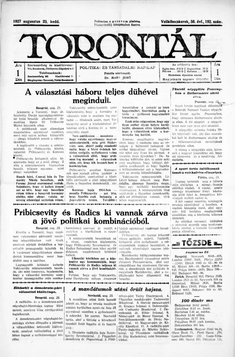 Torontál, 56. évf. 1927. augusztus 23. 192. sz.