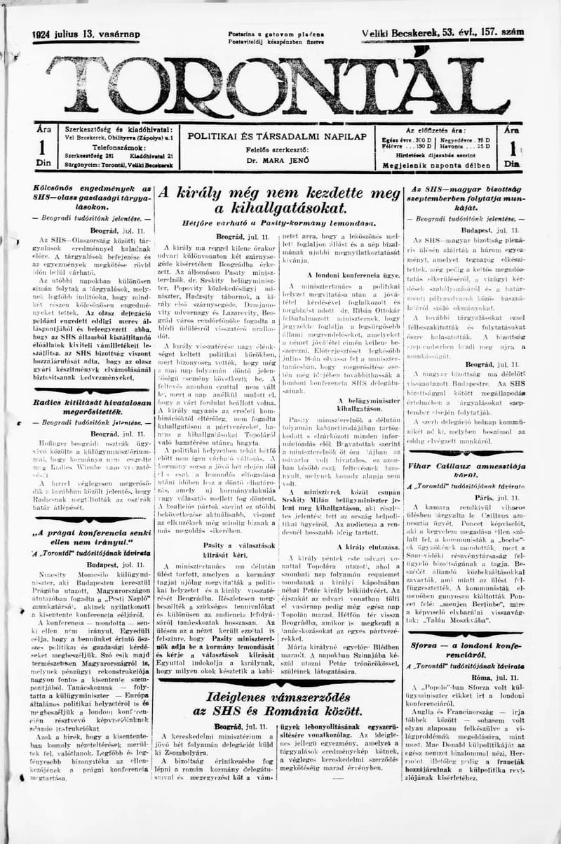 Torontál, 53. évf. 1924. július 13. 157. sz.