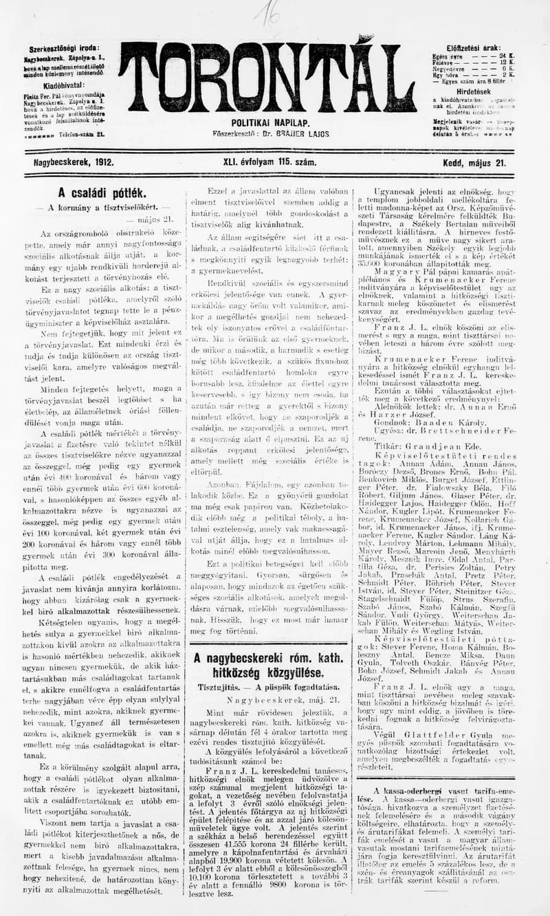 Torontál, 41. évf. 1912. május 21. 115. sz.