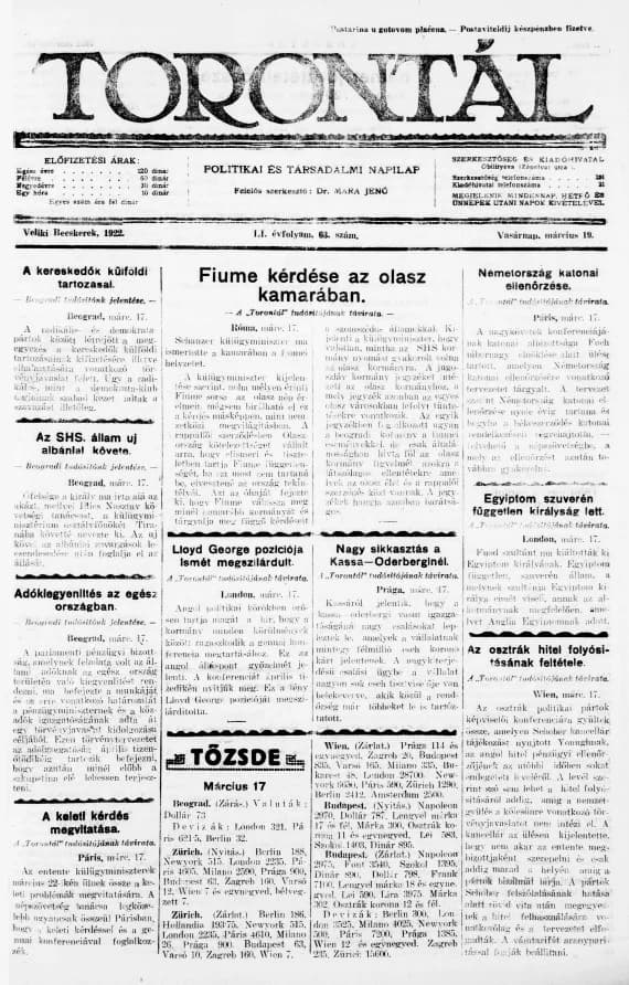 Torontál, 51. évf. 1922. március 19. 63. sz.