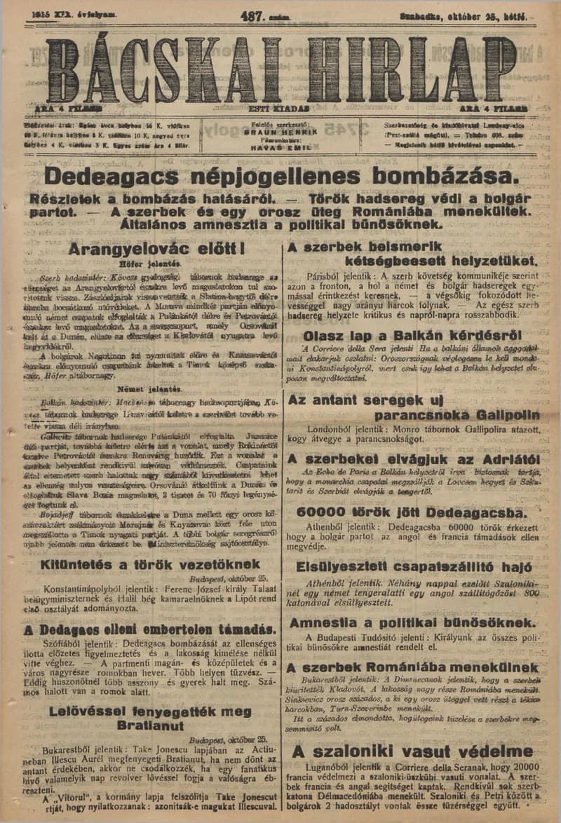 Bácskai Hirlap, 19. évf. 1915. október 25. 487. sz.
