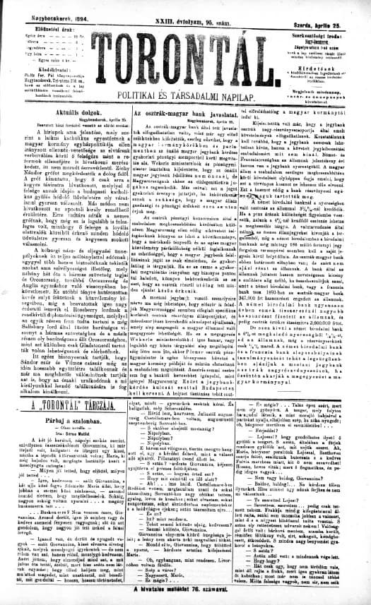 Torontál, 23. évf. 1894. április 25. 95. sz.