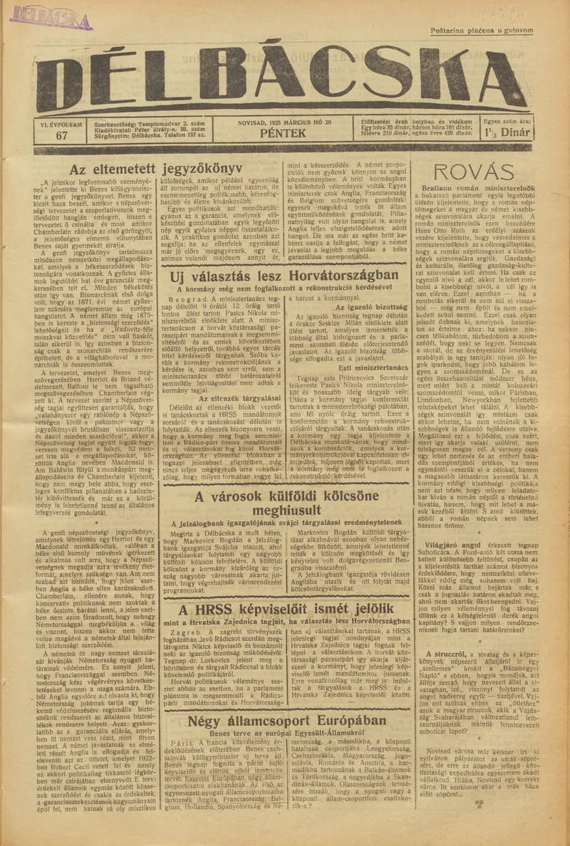 Délbácska, 6. évf. 1925. március 20. 67. sz.