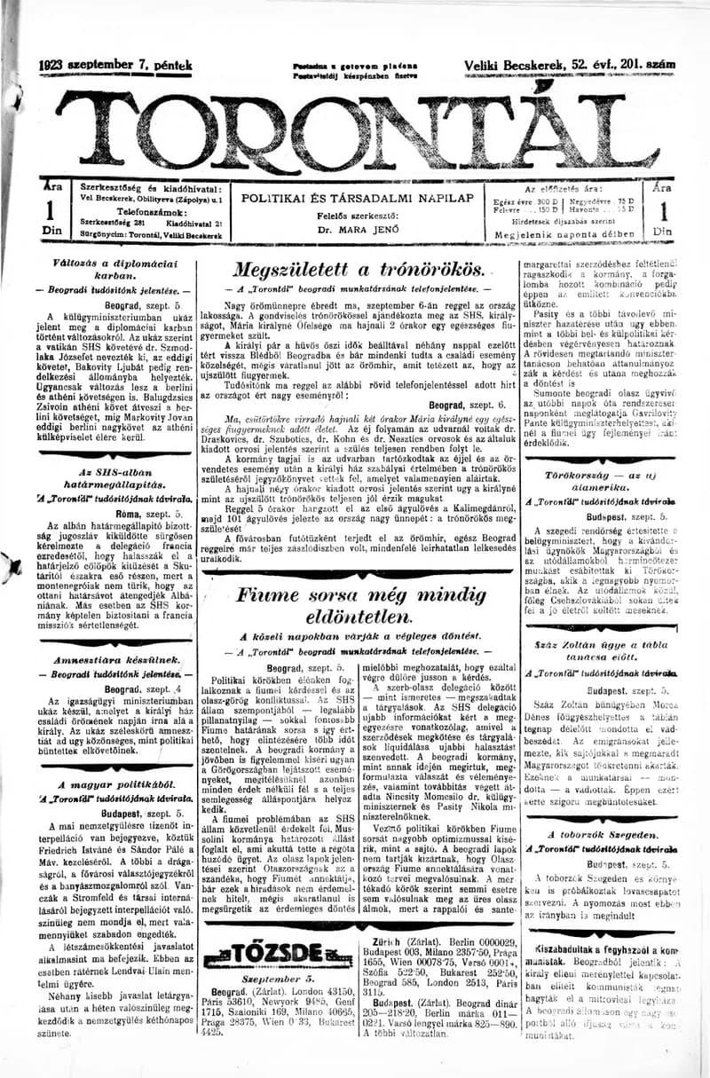 Torontál, 52. évf. 1923. szeptember 7. 201. sz.